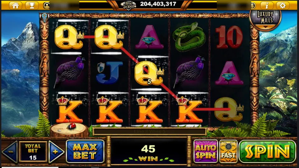 Spirit Bear spin paying 45 with four crowned Ks along the bottom row and Qs on line 8