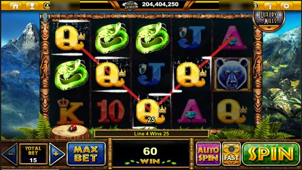 Spirit Bear with Qs lit on line 4 for 25, green snakes on reels 1 to 3 and the blue bear on reel 5, total win 60