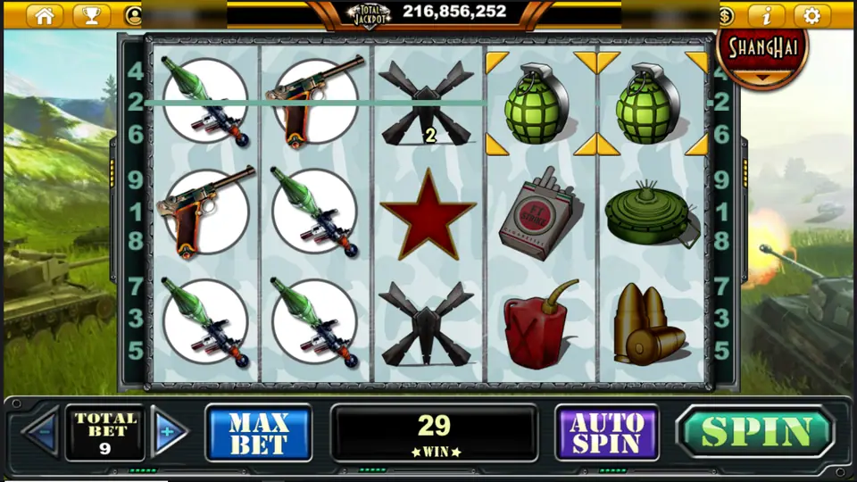 Tank Attack line 2 win of 2 read from the right, with grenades on reels 4 and 5 and crossed bombs on reel 3