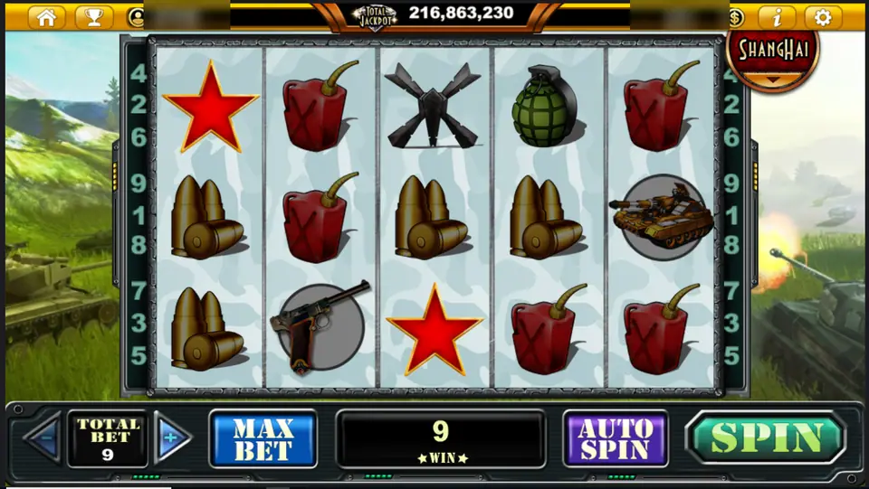 Tank Attack with bullets, fuel cans and two red stars on the reels and a win of 9