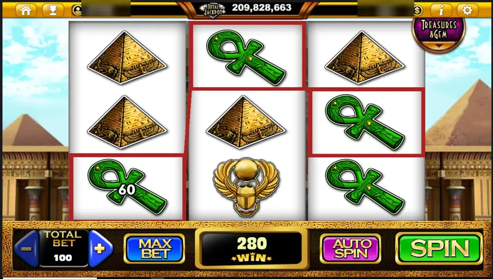 The Lost Gems with three green ankhs in different rows on reels 1 to 3, pyramids and a golden scarab, win of 280 on a bet of 100