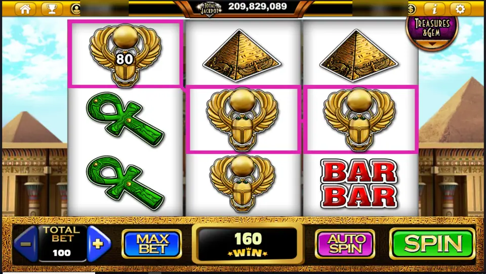 The Lost Gems three golden scarabs framed in pink paying 80, total win 160 on a bet of 100