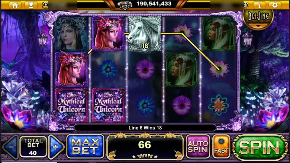 The Mythical Unicorn reels with red-haired and green fairy portraits, a silver unicorn head on reel 3 and a win of 18 on line 6