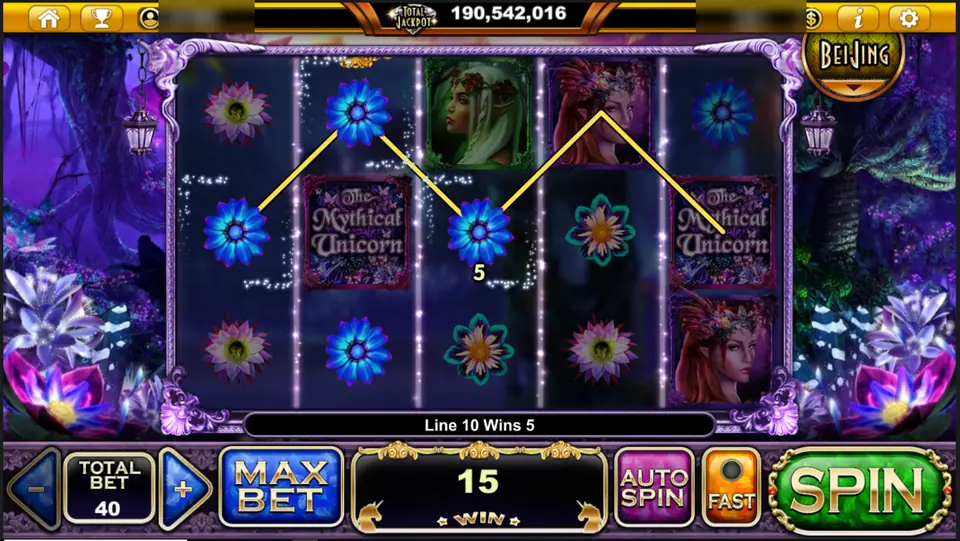 The Mythical Unicorn with three blue flowers on line 10 paying 5, a total of 15 on a bet of 40