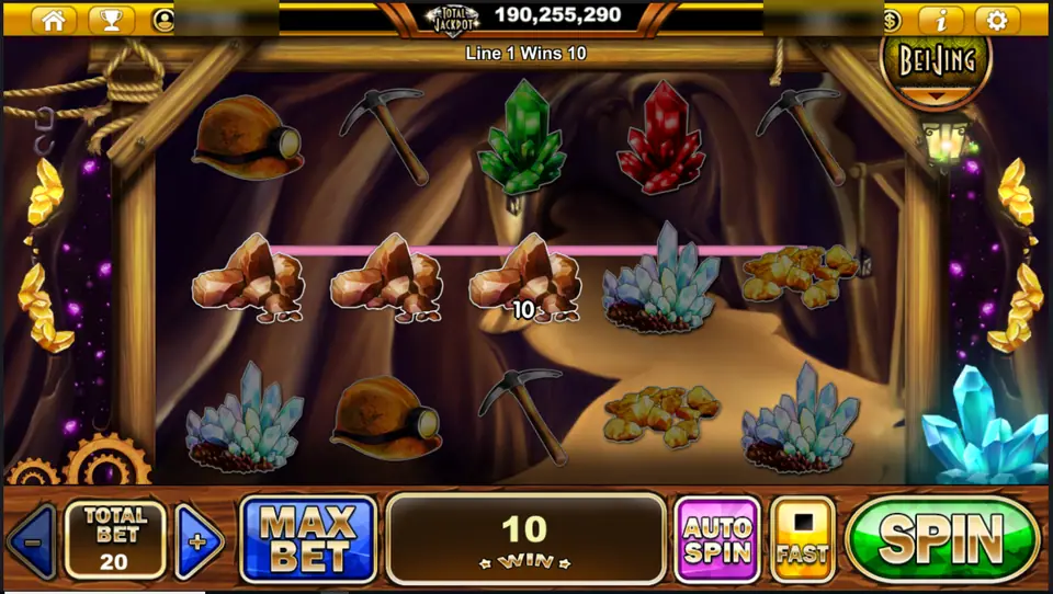 Treasures Varna line 1 win of 10 with three chunks of ore on reels 1 to 3, total bet 20