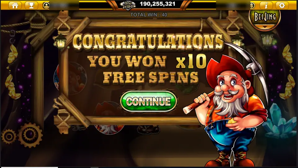 Treasures Varna free spin award reading Congratulations, you won x10 free spins, with the prospector holding a pickaxe