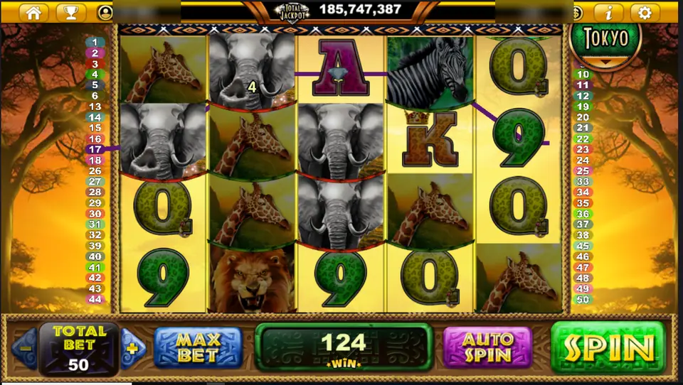 Wilds of Africa with elephants and giraffes stacked on the reels and a total win of 124 on a bet of 50