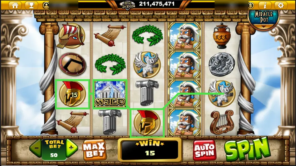 Zeus D'Mighty with a cartoon Zeus stacked down reel 4, a temple WILD on reel 2 and two Spartan helmets on a line paying 15