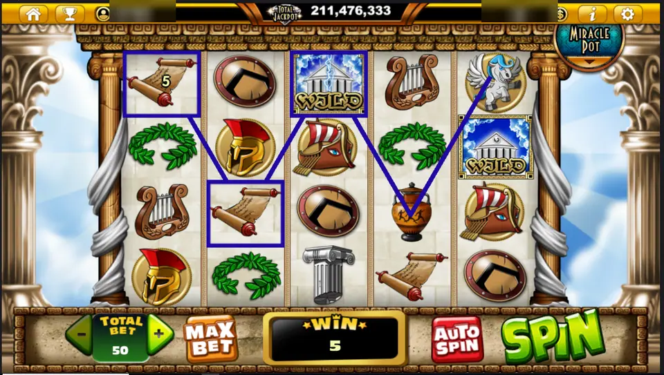 Zeus D'Mighty with two scrolls and a temple WILD on a line paying 5