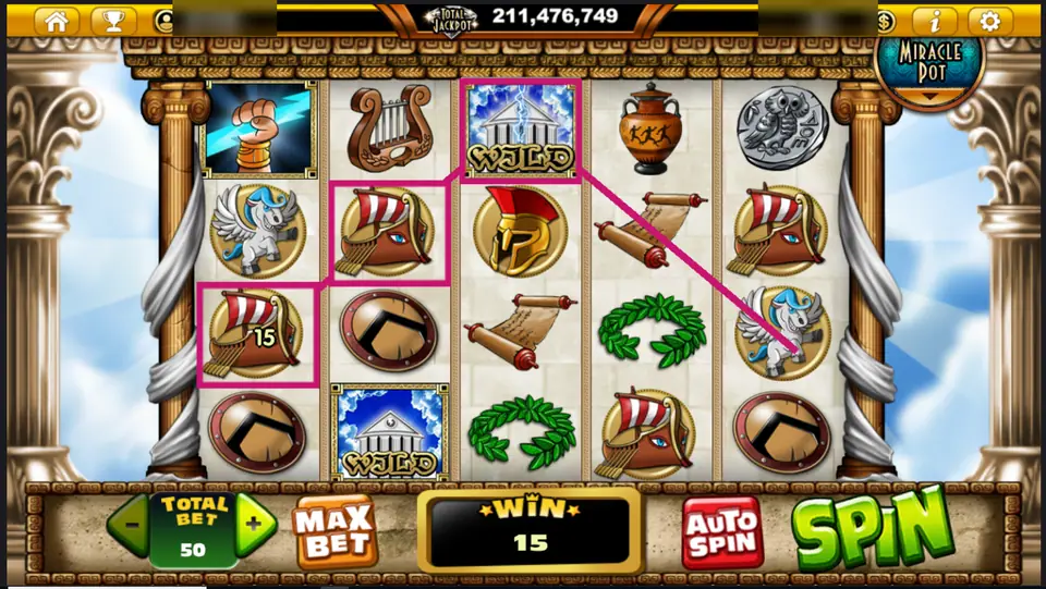 Zeus D'Mighty with two ship shields and a temple WILD on reel 3 paying 15, and a lightning fist on reel 1