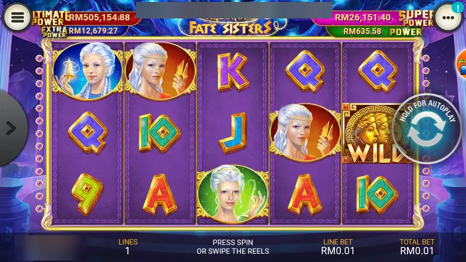 Fate Sisters reels with sisters on the first four reels, a three-face wild on reel five and jewelled letters