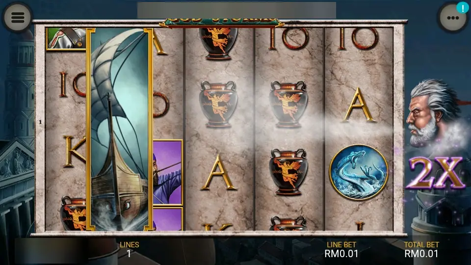 God of Storms with the wind god blowing across the reels and the multiplier at 2X