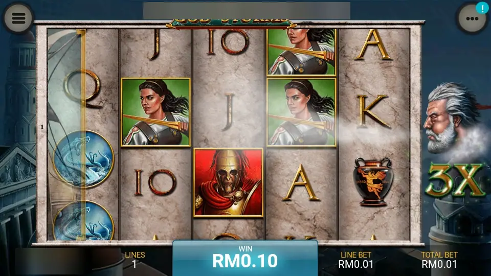 God of Storms with the multiplier at 3X, warrior women, a red soldier and a WIN box of RM0.10