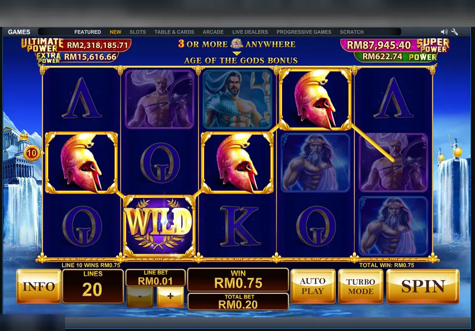 Age of the Gods line 10 win of RM0.75, three helmets and a wild, banner saying 3 or more anywhere start the Age of the Gods bonus