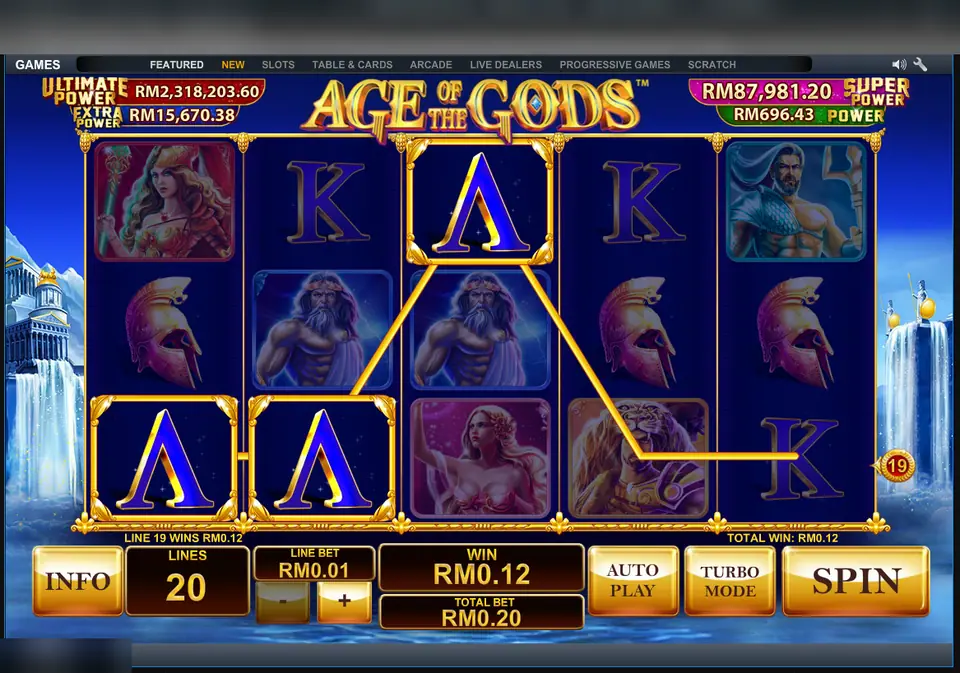 Age of the Gods line 19 win of RM0.12 from three letter symbols