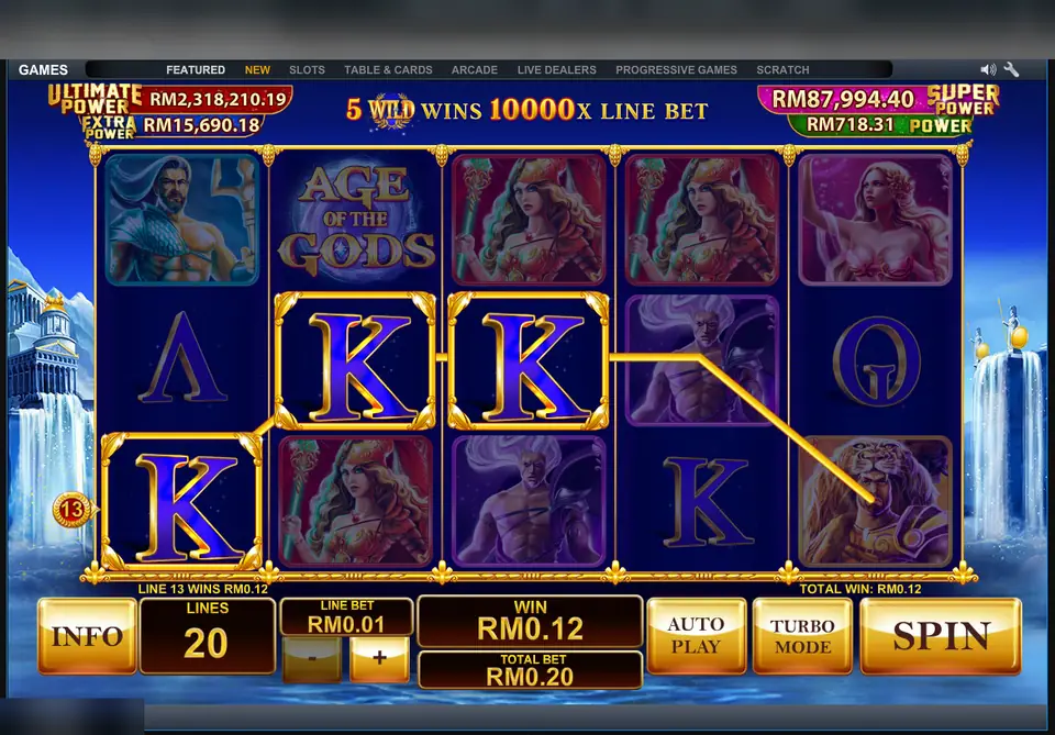 Age of the Gods line 13 win of RM0.12 from three K symbols, banner reading 5 wild wins 10000x line bet