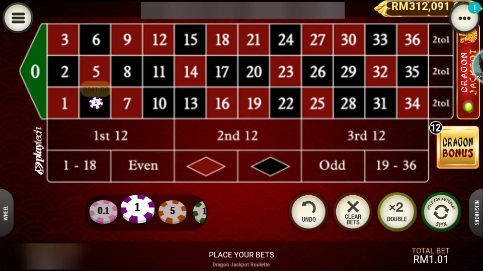 Dragon Jackpot Roulette table with a RM1 chip on number 4 and a total bet of RM1.01