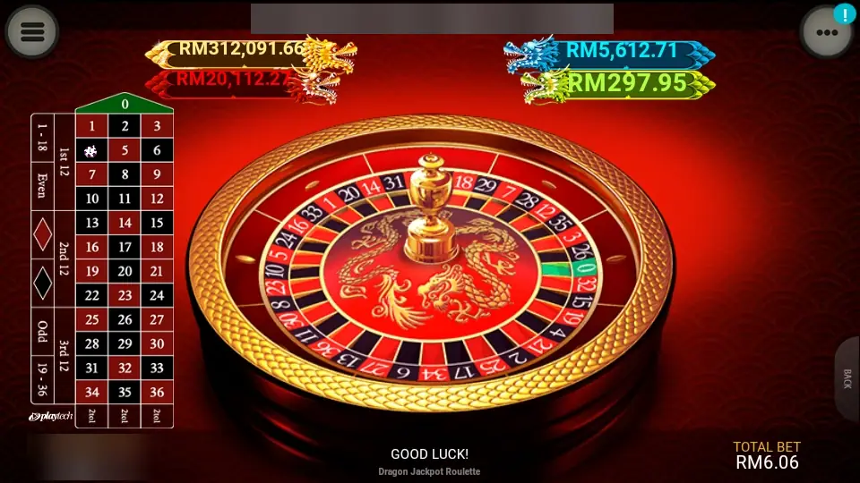 Dragon Jackpot Roulette wheel in the LPE88 phone app with a golden dragon in the centre, a single green zero, four dragon jackpot figures and the betting table on the left