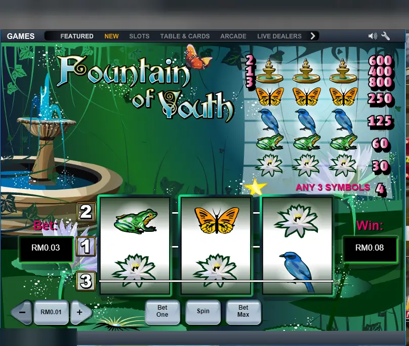 Fountain of Youth win of RM0.08 on the bottom line, two lilies and a blue bird