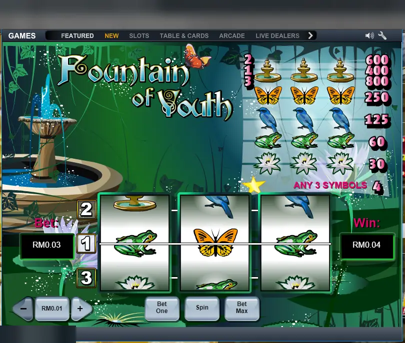 Fountain of Youth mixed win of RM0.04 on the middle line: frog, butterfly, frog