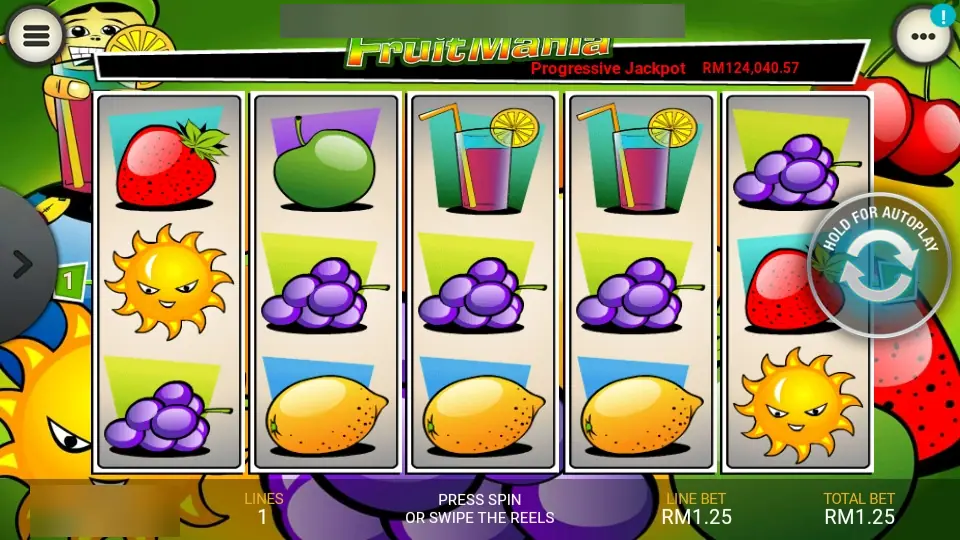 Fruit Mania spin with two cocktails, three bunches of grapes and three lemons, no win