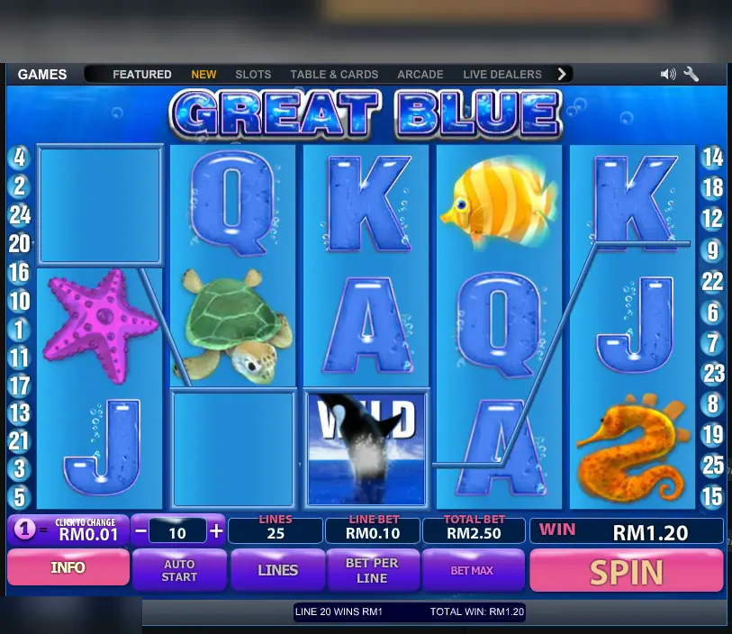 Great Blue orca wild on reel three completing a RM1 win on line 20, total win RM1.20