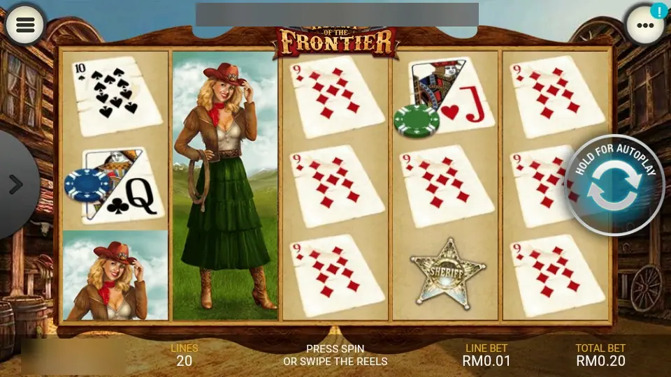 Heart of the Frontier reels with a cowgirl filling reel two, stacks of 9 of diamonds cards and a sheriff badge