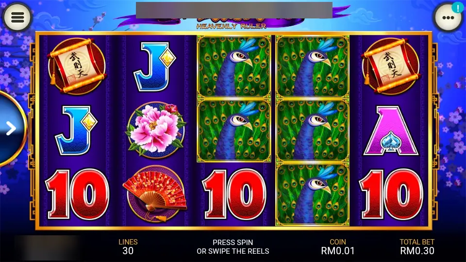 Heavenly Ruler with peacocks filling two rows on reel three and all three on reel four, scrolls on reels one and five
