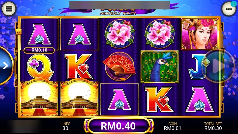Heavenly Ruler win of RM0.40, three A symbols on line 22 paying RM0.10 and two palaces on reels one and two