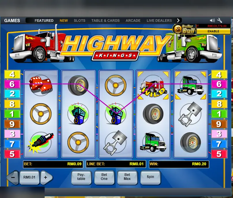 Highway Kings spin with the red truck wild on reel four and a win of RM0.20 on line 6