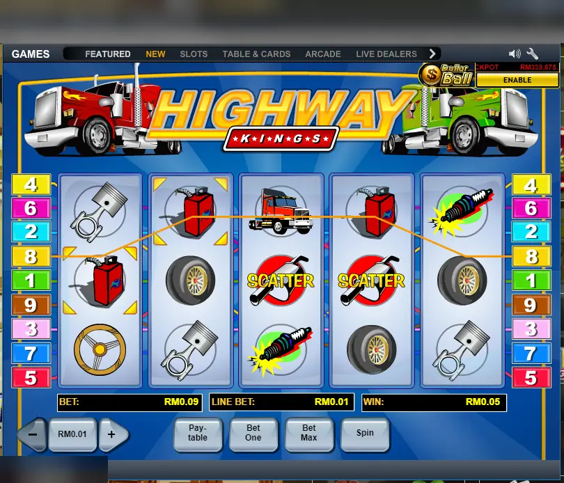 Highway Kings spin with two red jerry cans on line 8, two exhaust pipe scatters in the middle row and a win of RM0.05