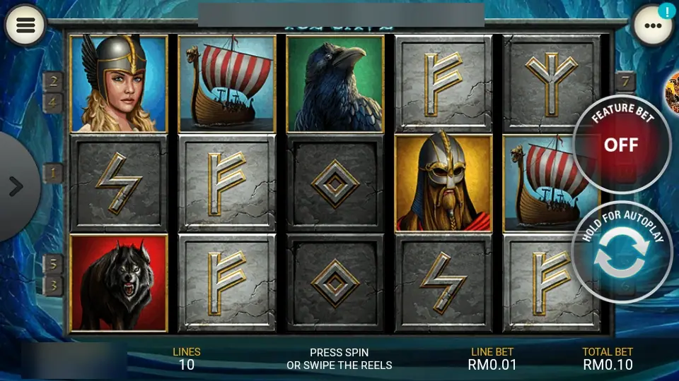 Ice Cave reels in the LPE88 phone app with a Valkyrie, a longship, a raven, a wolf, a bearded warrior and rune stones, Feature Bet off, 10 lines at RM0.01