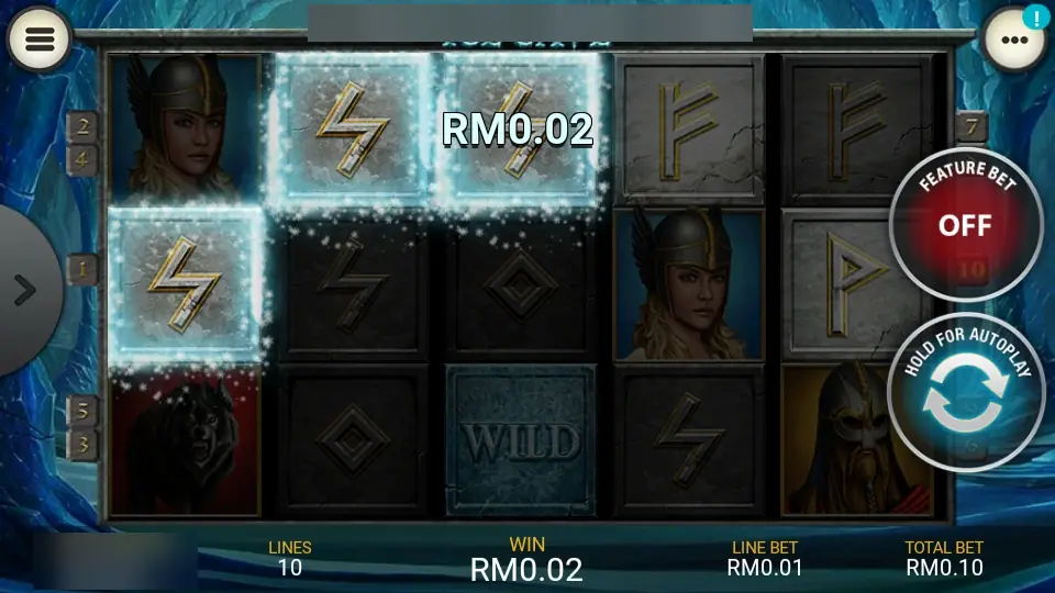 Ice Cave win of RM0.02 from three lightning rune stones, the ice wild still frozen on reel three