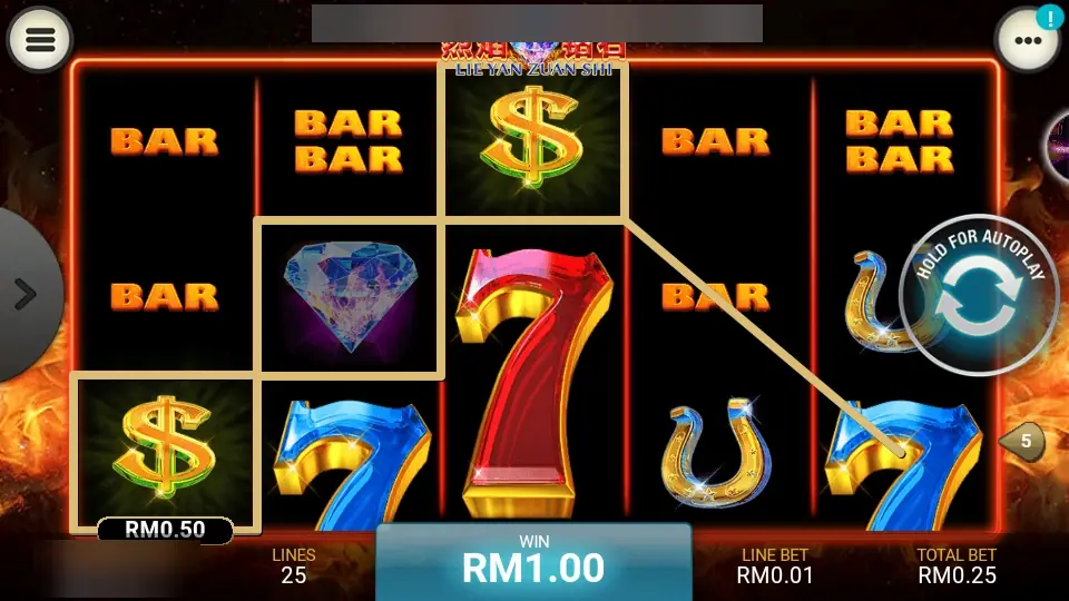 Lie Yan Zuan Shi win on line 5 with two dollar signs and a diamond, RM0.50 for the line and RM1.00 in the win box