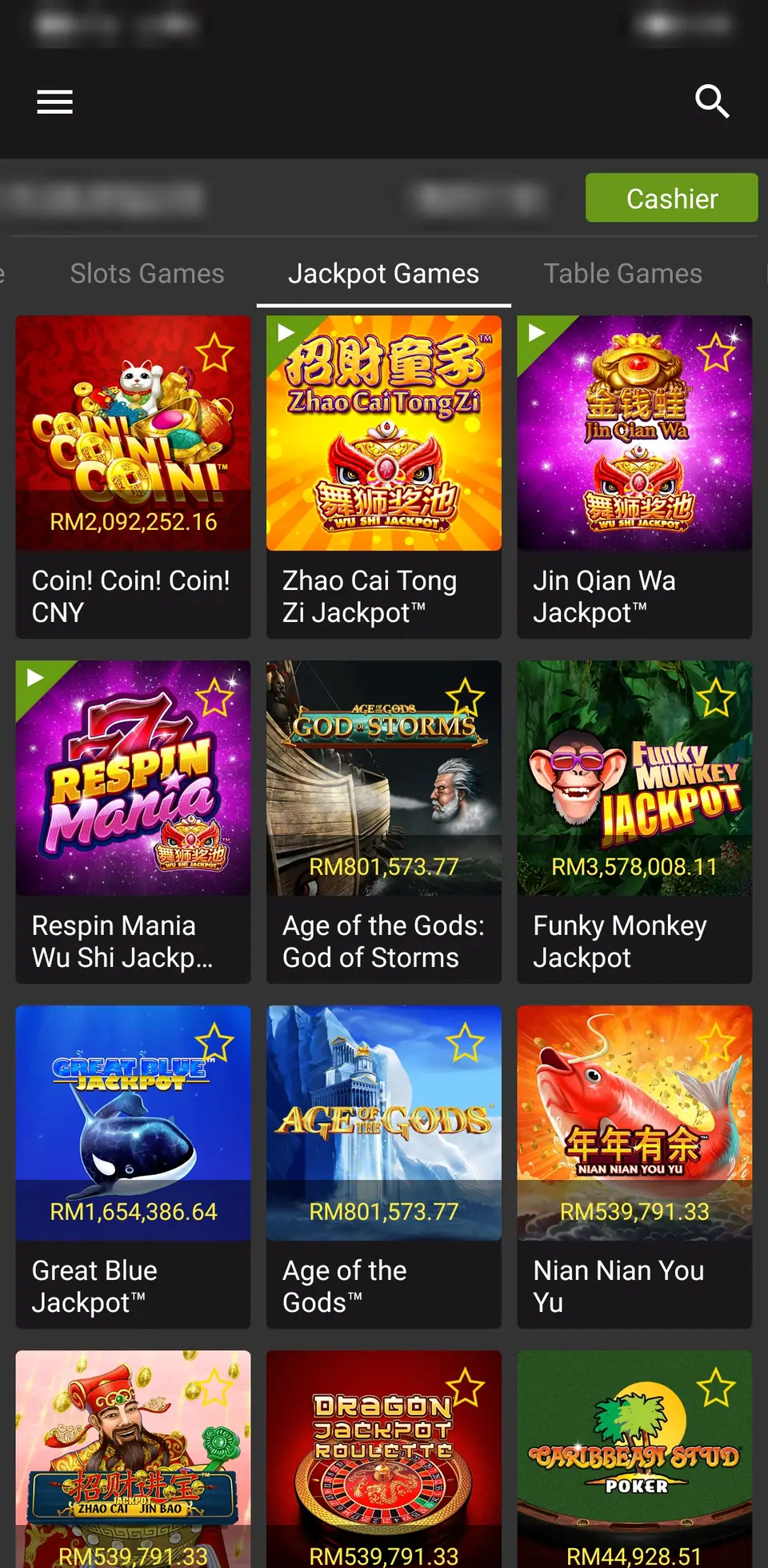 LPE88 Android lobby on the Jackpot Games tab with Coin Coin Coin, Zhao Cai Tong Zi, Age of the Gods, Great Blue Jackpot and Funky Monkey Jackpot tiles