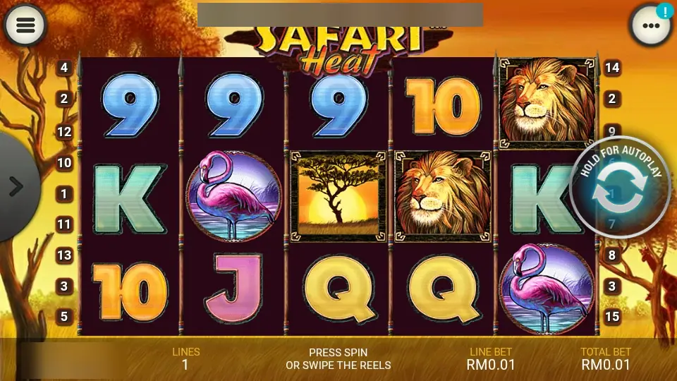 Safari Heat with two lions on reels four and five, the sunset acacia on reel three and two flamingos