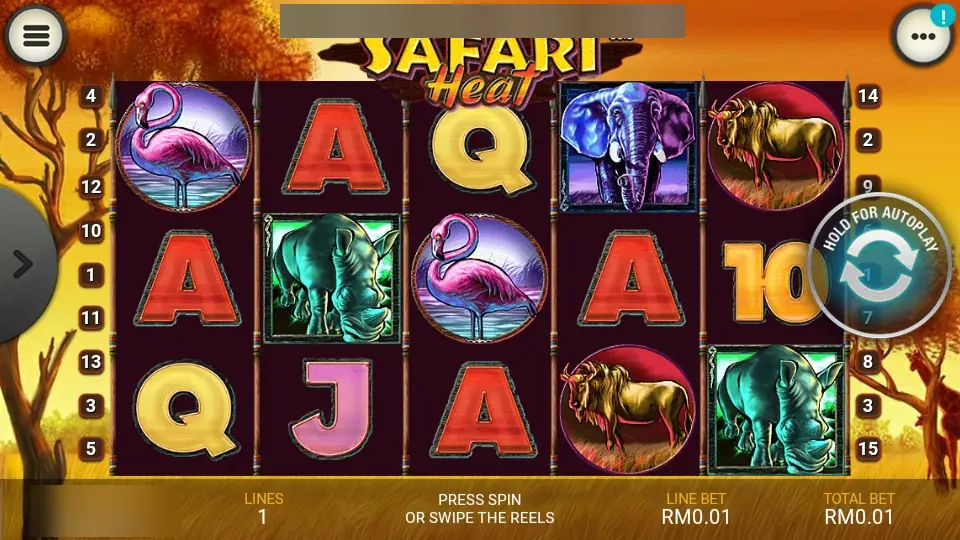 Safari Heat reels with two rhinos, two flamingos, an elephant and two wildebeest, one line at RM0.01