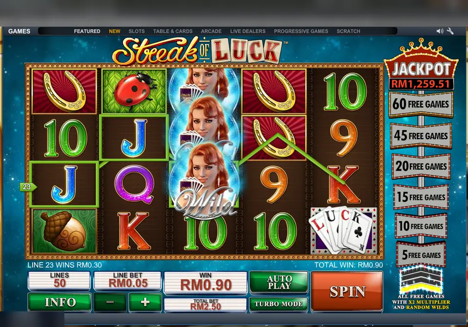 Streak of Luck in LPE88 with the stacked wild on reel three, horseshoes, a ladybird and the free games ladder from 5 to 60 on the right