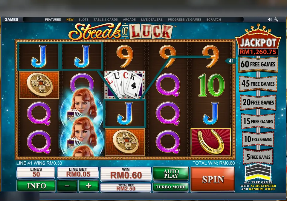 Streak of Luck with the wild stacked on reel two and a line 41 win of RM0.30, total RM0.60