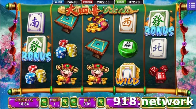 Da Si Xi on Mega888 with mahjong tiles, a Fa bonus tile, the God of Wealth and Major, Random and Minor jackpots