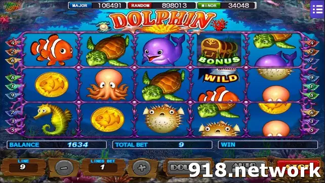 Dolphin on Mega888 with clownfish, turtles, octopus and a puffer fish, 9 lines at 1