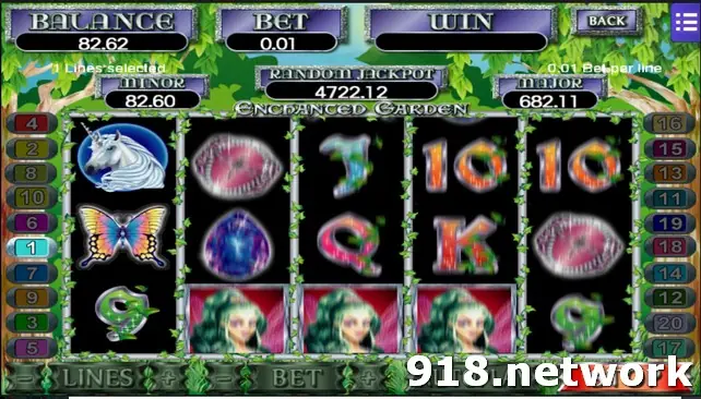 Enchanted Garden on Mega888 with a unicorn, a butterfly and stacked green-haired fairy symbols, 1 line at 0.01