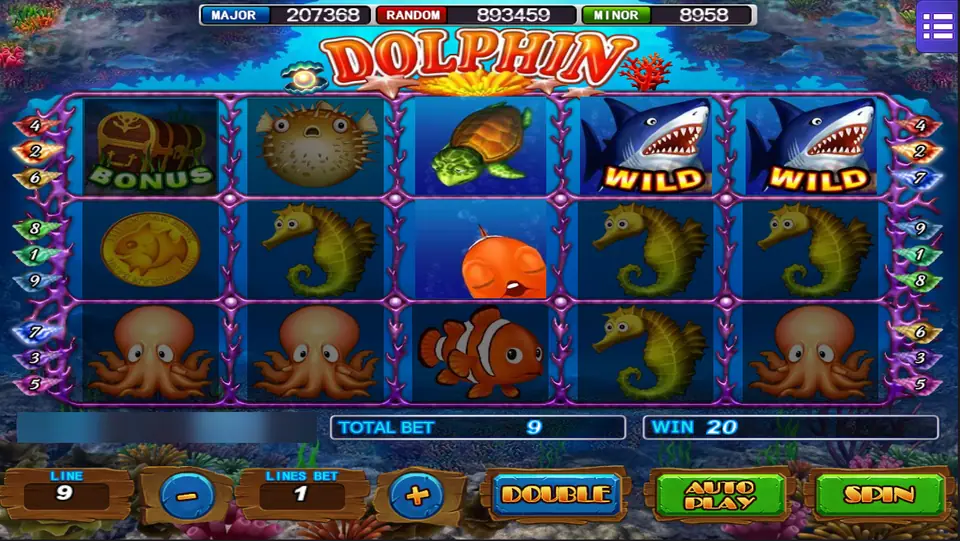 Dolphin with two shark wilds on the top row, seahorses on reels 2, 4 and 5 and a win of 20 at a total bet of 9
