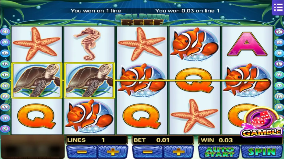 Dolphin Reef paying 0.03 for two sea turtles on line 1, with a GAMBLE badge in the bottom right corner