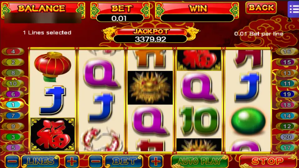 Dragon Gold mid-spin with a golden dragon head on reel 3, a lantern and a 福 tile on reel 1 and a jade orb on reel 5