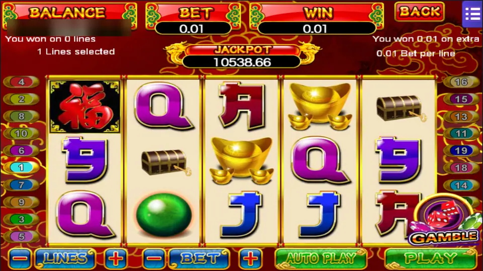 Dragon Gold after a 0.01 win on an extra, with gold ingots, treasure chests and a GAMBLE badge in the corner