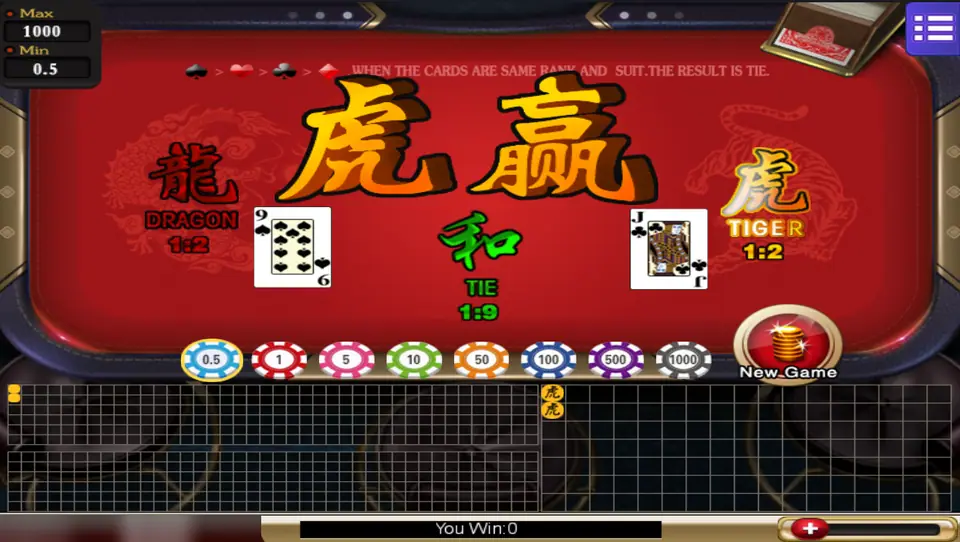 Red Dragon Tiger table where Tiger won with a jack of clubs against a 9 of spades