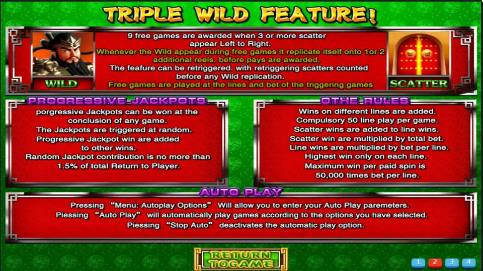 Emperor Gate Triple Wild Feature rules with 9 free games, the jackpot notes and the 50-line rule