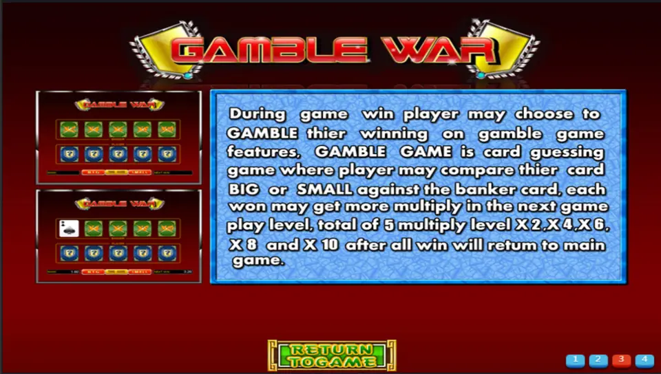 Gamble War help screen: compare your card big or small against the banker card over five levels, x2, x4, x6, x8 and x10