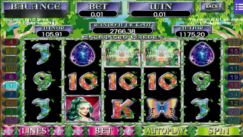 Enchanted Garden after a spin where two fountain scatters on reels 3 and 4 paid 0.01 on extra with no line win